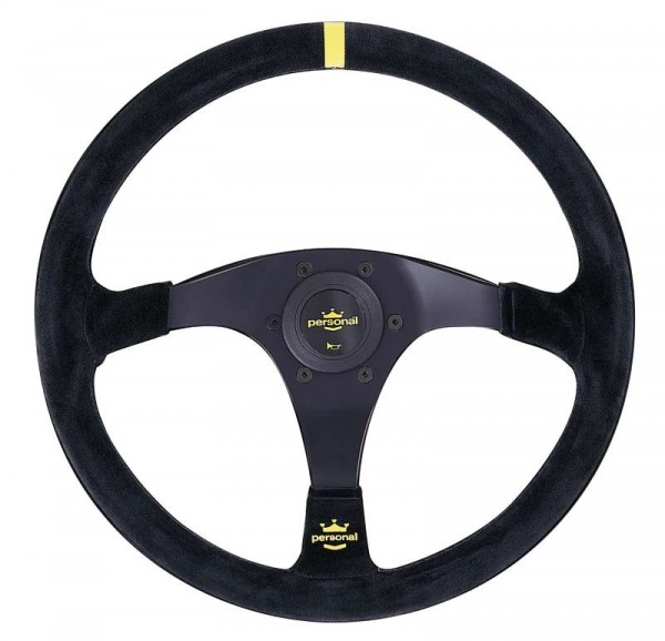 Nardi Personal Trophy Suede Black Spokes Yellow Stitching 350mm